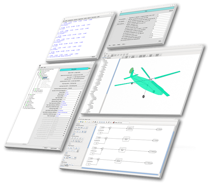 An image showing all of the different tools included in the FLIGHTLAB rotorcraft simulation software package.